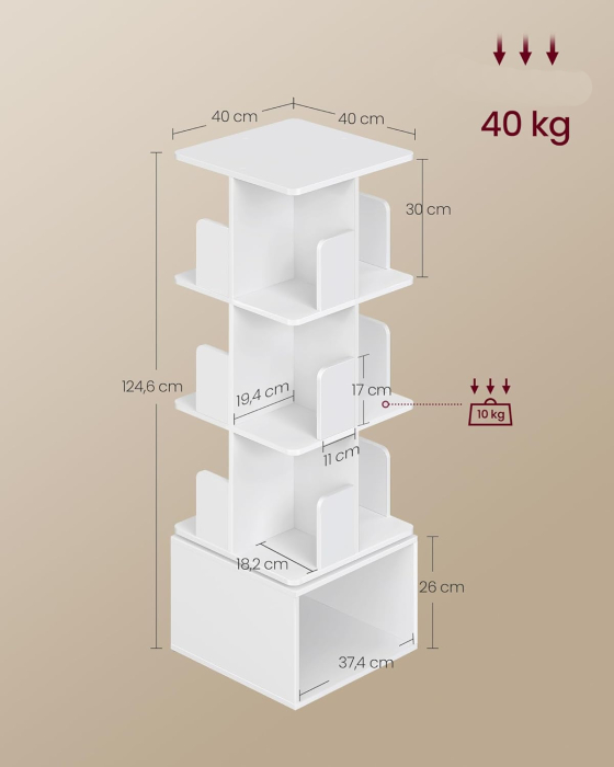 Biblioteca rotativa, MDF, cu 4 niveluri si compartimente deschise, montaj pe podea, 40x40x125 cm, alb [2]