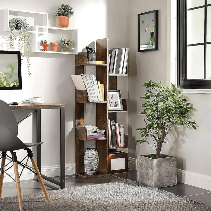 Biblioteca stil arbore, cu 8 rafturi de depozitare, colturi rotunjite, 50x25x140 cm, maro rustic [8]