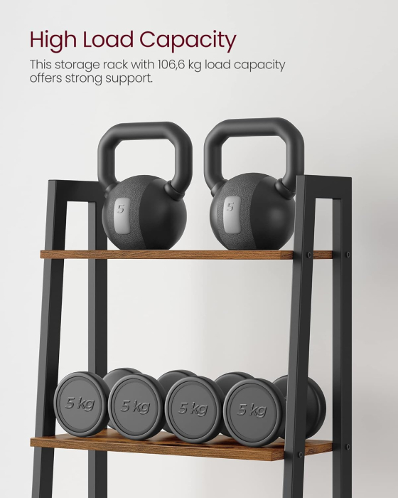 Biblioteca tip scara, cadru otel cu 5 polite din MDF, stil industrial, 56x34x172cm, maro rustic si negru [7]