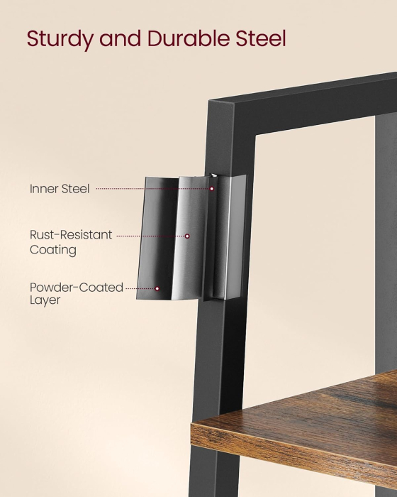 Biblioteca tip scara cu 5 rafturi, design industrial, cadru metalic si rafturi din PAL, 34x30x170 cm, maro rustic [6]