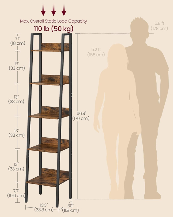 Biblioteca tip scara cu 5 rafturi, design industrial, cadru metalic si rafturi din PAL, 34x30x170 cm, maro rustic [4]
