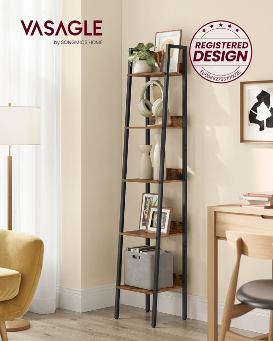 Biblioteca tip scara cu 5 rafturi, design industrial, cadru metalic si rafturi din PAL, 34x30x170 cm, maro rustic [2]