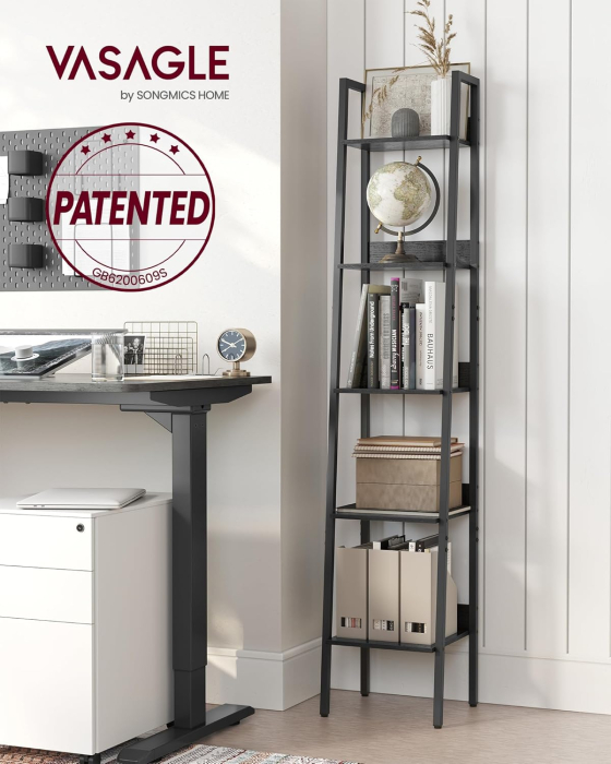 Biblioteca tip scara cu 5 rafturi, design industrial, cadru metalic si rafturi din PAL, 34x30x170 cm, negru [9]