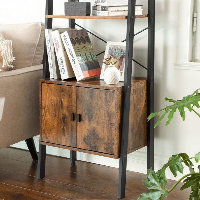 Biblioteca tip scara, cu dulap si 4 rafturi din MDF, stil industrial, 34x56x172cm, maro rustic si negru [2]