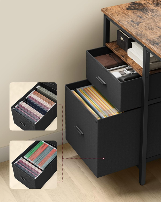 Birou calculator cu 3 rafturi si 2 sertare, cadru metalic, stil industrial, 140x60x76 cm, maro rustic [6]