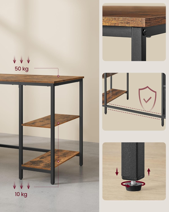 Birou calculator cu 3 rafturi si 2 sertare, cadru metalic, stil industrial, 140x60x76 cm, maro rustic [4]