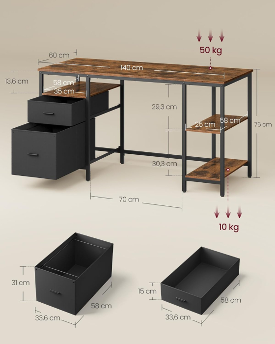 Birou calculator cu 3 rafturi si 2 sertare, cadru metalic, stil industrial, 140x60x76 cm, maro rustic [2]