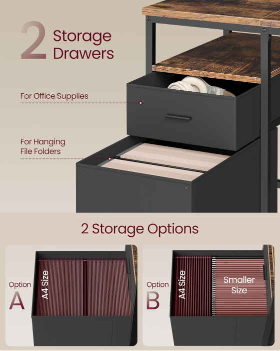 Birou cu 3 rafturi si 2 sertare, cadru metalic si PAL, montaj reversibil, 160x60x76 cm, maro rustic [6]