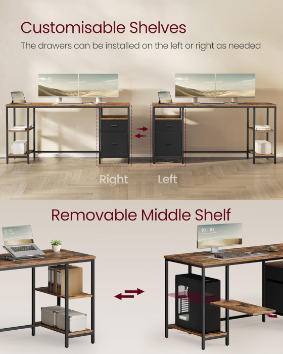 Birou cu 3 rafturi si 2 sertare, cadru metalic si PAL, montaj reversibil, 160x60x76 cm, maro rustic [3]