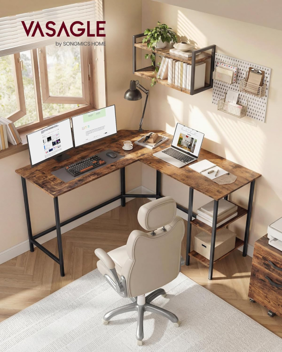 Birou de colt in forma de L, cu 2 rafturi de depozitare, 130x130x76 cm, industrial, maro rustic [6]