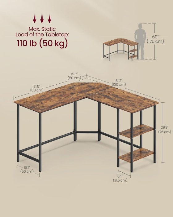 Birou de colt in forma de L, cu 2 rafturi de depozitare, 130x130x76 cm, industrial, maro rustic [8]