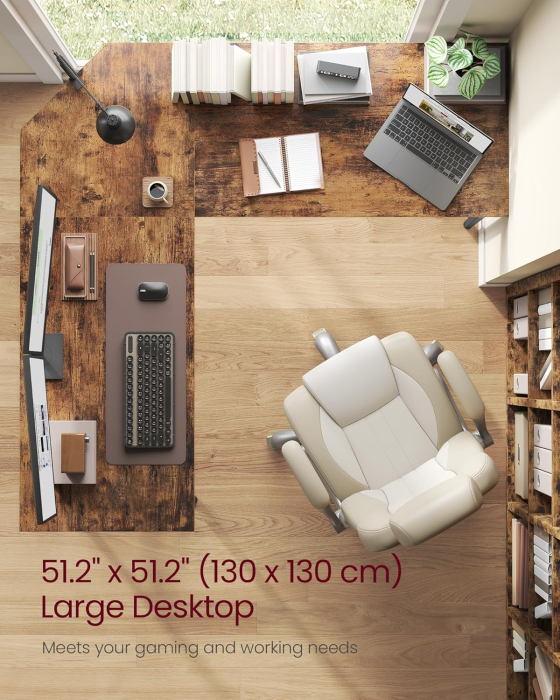 Birou de colt in forma de L, cu 2 rafturi de depozitare, 130x130x76 cm, industrial, maro rustic [9]