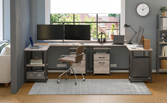 VASAGLE Birou de colt in forma de L, cu 2 rafturi de depozitare, 138x138x75cm, industrial, gri si negru [14]