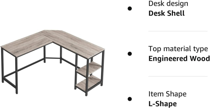 VASAGLE Birou de colt in forma de L, cu 2 rafturi de depozitare, 138x138x75cm, industrial, gri si negru [9]
