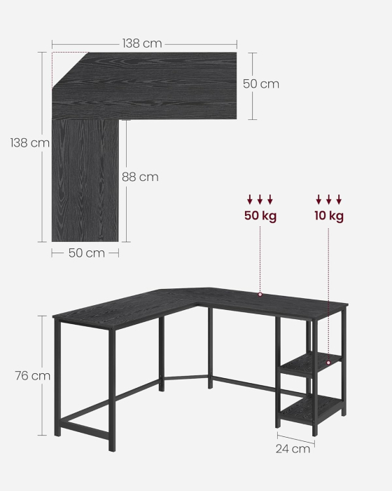 Birou de colt in forma L, cadru metalic, stil industrial, 138x138x76 cm, negru cu aspect lemnos [2]