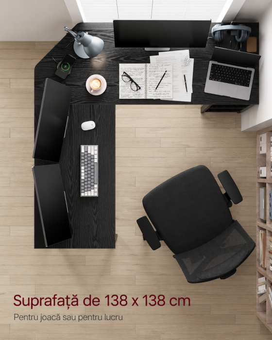 Birou de colt in forma L, cadru metalic, stil industrial, 138x138x76 cm, negru cu aspect lemnos [6]