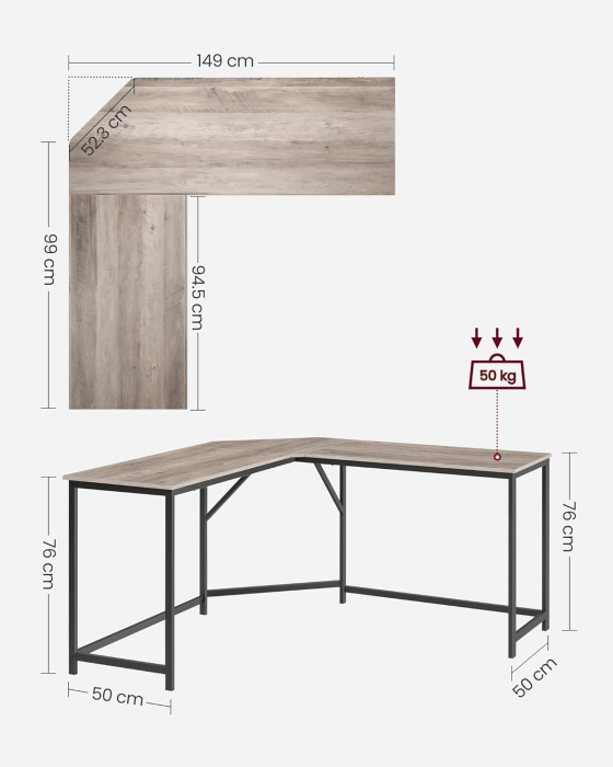 Birou de colt in forma L, cadru metalic, stil industrial, 149x149x76 cm, gri stejar [3]