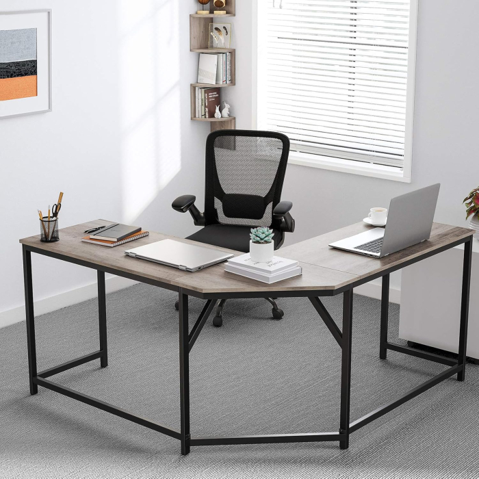 Birou de colt in forma L, cadru metalic, stil industrial, 149x149x76 cm, gri stejar [8]