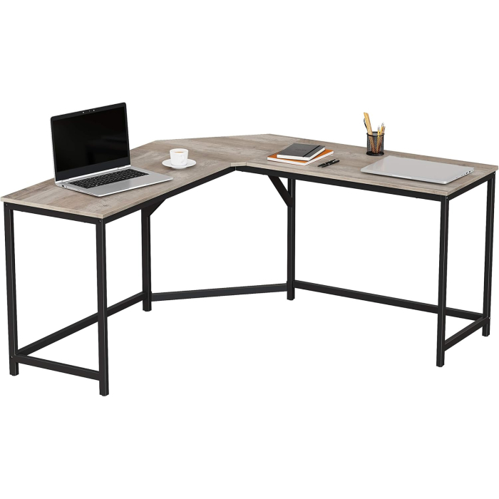 Birou de colt in forma L, cadru metalic, stil industrial, 149x149x76 cm, gri stejar [10]