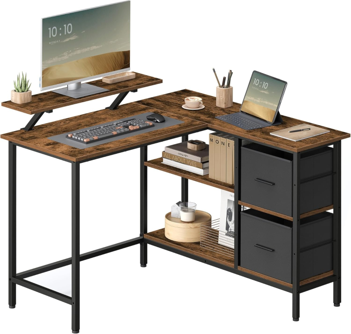 Birou de colt in forma L, cu 2 sertare si suport monitor, montare pe ambele parti, stil industrial, 115x105 cm, maro rustic [2]