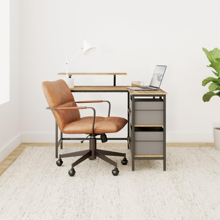 Birou de colt in forma L, cu 2 sertare si suport monitor, montare pe ambele parti, stil industrial, 115x105 cm, maro rustic [8]