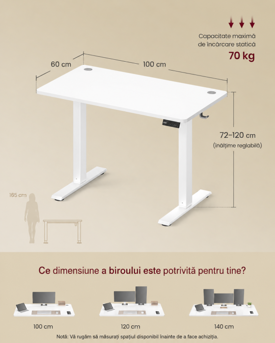 Birou electric reglabil pe inaltime, cadru metalic, functie memorie 4 pozitii, 100x60x(72-120) cm, alb [3]
