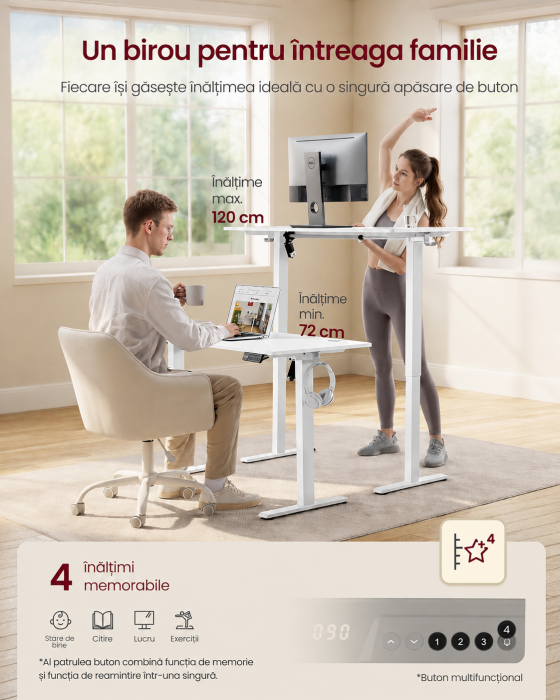 Birou electric reglabil pe inaltime, cadru metalic, functie memorie 4 pozitii, 120x60x(72-120) cm, alb [6]