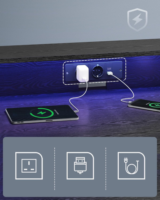 Birou gaming cu iluminare LED reglabila, 2 prize si 2 USB, suport 2 monitoare, 120x60x76 cm, negru [6]