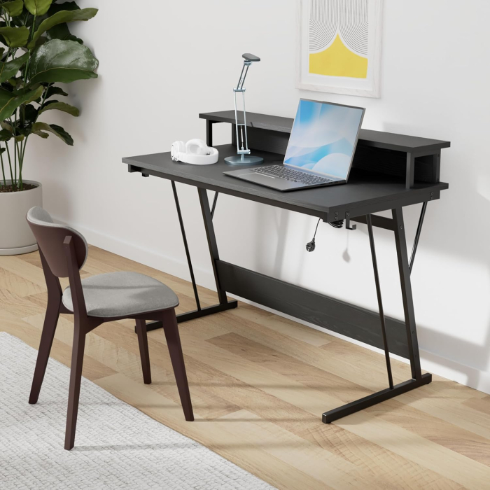 Birou gaming cu iluminare LED reglabila, 2 prize si 2 USB, suport 2 monitoare, 120x60x76 cm, negru [2]