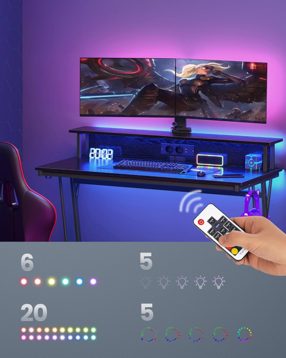 Birou gaming cu iluminare LED reglabila, 2 prize si 2 USB, suport 2 monitoare, 120x60x76 cm, negru [4]