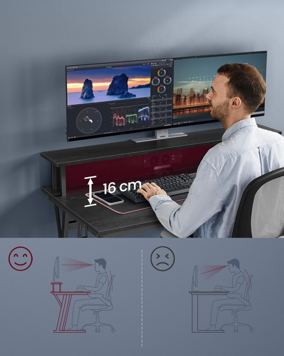 Birou gaming cu iluminare LED reglabila, 2 prize si 2 USB, suport 2 monitoare, 120x60x76 cm, negru [5]