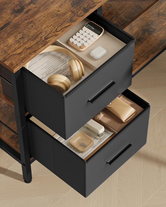 VASAGLE Birou in forma de L, suport monitor, 2 rafturi si 2 sertare, 105x135x76 cm, maro rustic [4]