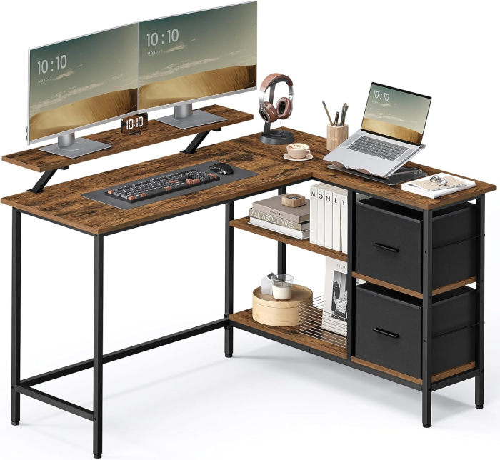 VASAGLE Birou in forma de L, suport monitor, 2 rafturi si 2 sertare, 105x135x76 cm, maro rustic [2]
