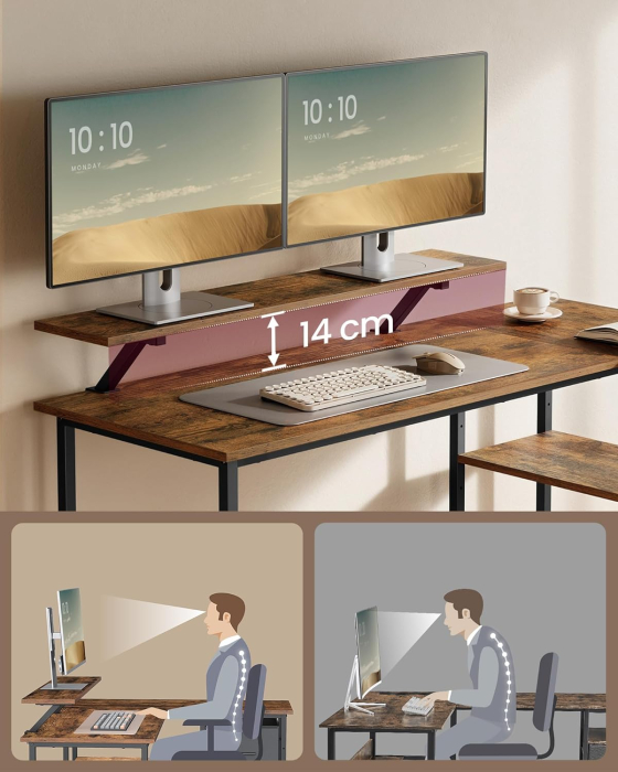 VASAGLE Birou in forma de L, suport monitor, 2 rafturi si 2 sertare, 105x135x76 cm, maro rustic [7]