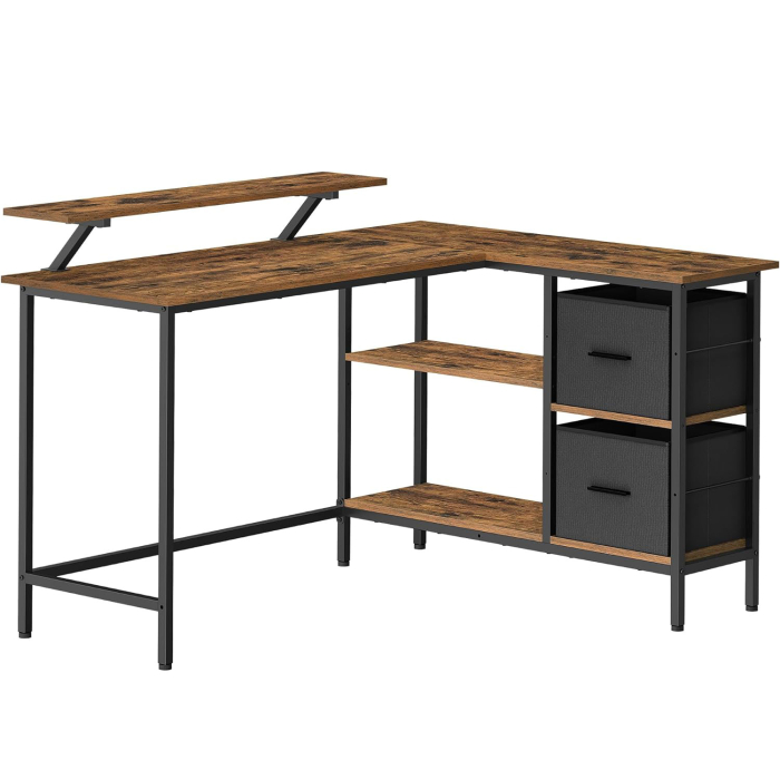 VASAGLE Birou in forma de L, suport monitor, 2 rafturi si 2 sertare, 105x135x76 cm, maro rustic [1]