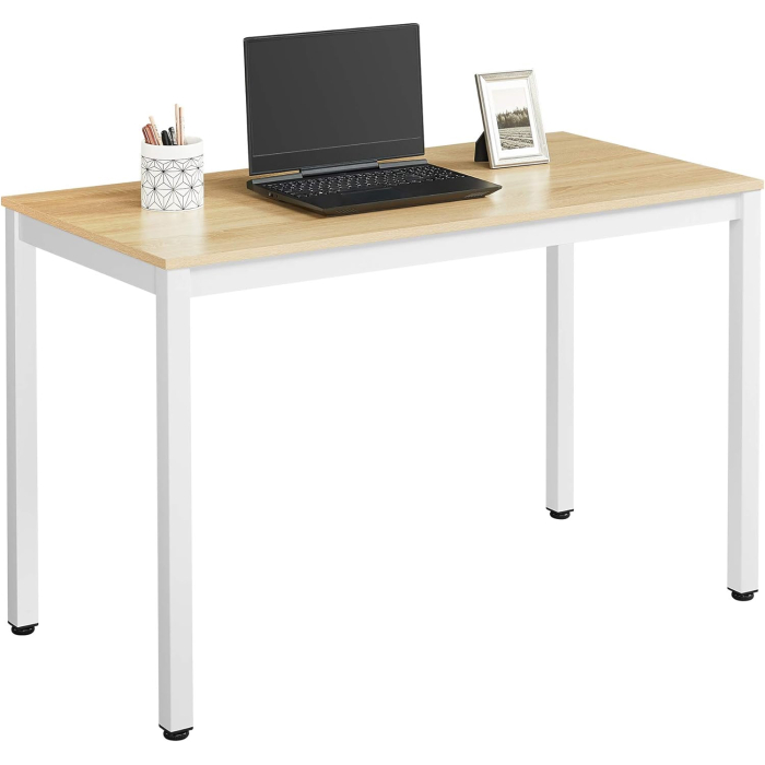 Birou pentru calculator, cadru metalic, design modern si minimalist, 120x60x75 cm, alb cu blat stejar [8]