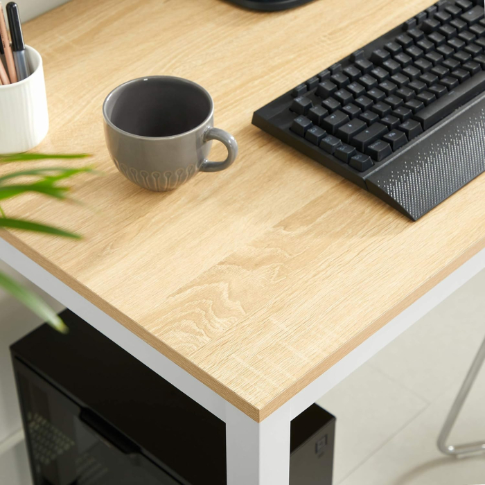 Birou pentru calculator, cadru metalic, design modern si minimalist, 120x60x75 cm, alb cu blat stejar [6]