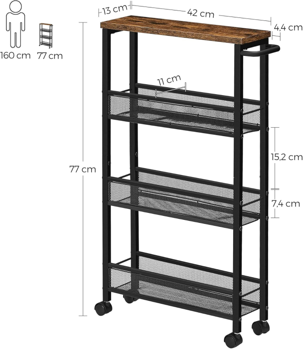 Carucior de bucatarie ingust cu roti, 4 niveluri, cadru metalic, 13x47x77 cm, maro rustic [3]