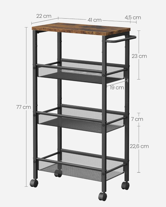 Carucior de bucatarie ingust cu roti, 4 niveluri, cadru metalic, 22x46x77 cm, maro rustic [3]