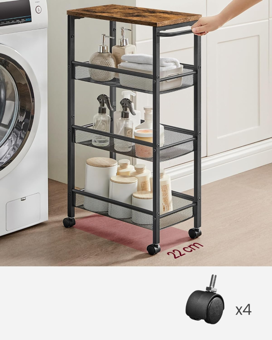 Carucior de bucatarie ingust cu roti, 4 niveluri, cadru metalic, 22x46x77 cm, maro rustic [2]