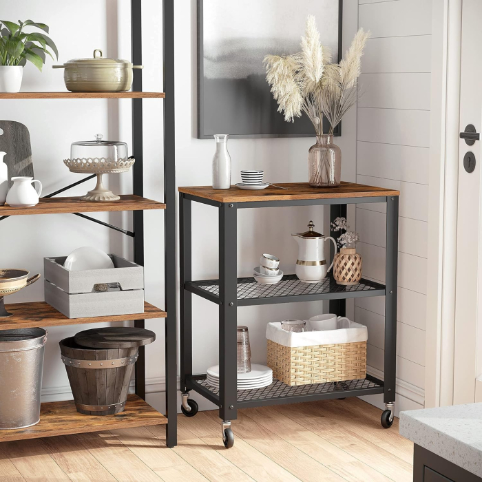 VASAGLE Carucior de servire pe roti, cu polite, pentru bucatarie, 40x60x77cm, industrial, maro rustic [6]