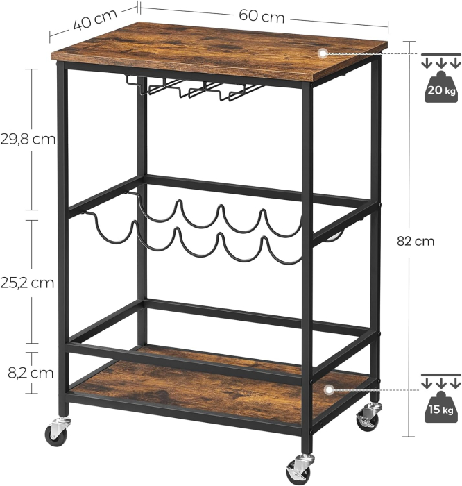 VASAGLE Carucior de servire pe roti, cu suport pentru sticle si pahare de vin, 40x60x82cm, Industrial, Vintage Maro/Negru [6]