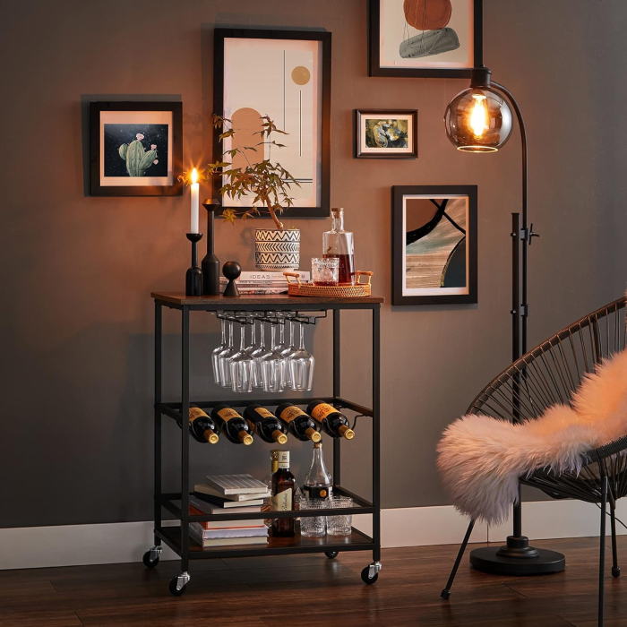VASAGLE Carucior de servire pe roti, cu suport pentru sticle si pahare de vin, 40x60x82cm, Industrial, Vintage Maro/Negru [8]