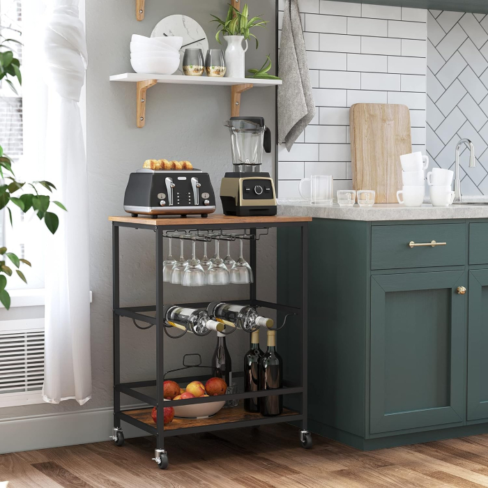 VASAGLE Carucior de servire pe roti, cu suport pentru sticle si pahare de vin, 40x60x82cm, Industrial, Vintage Maro/Negru [7]