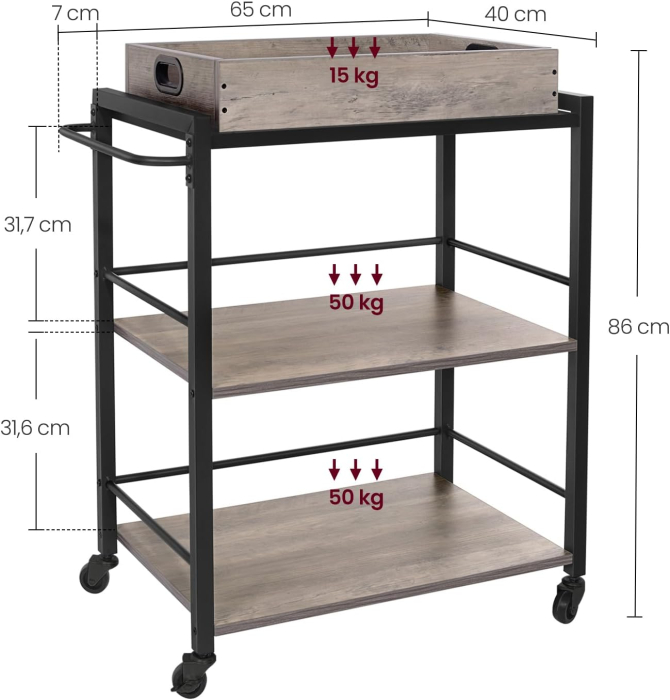 Carucior de servire pe roti pentru bucatarie, 3 polite, tava detasabila, stil industrial, 40x72x86cm, gri stejar [2]