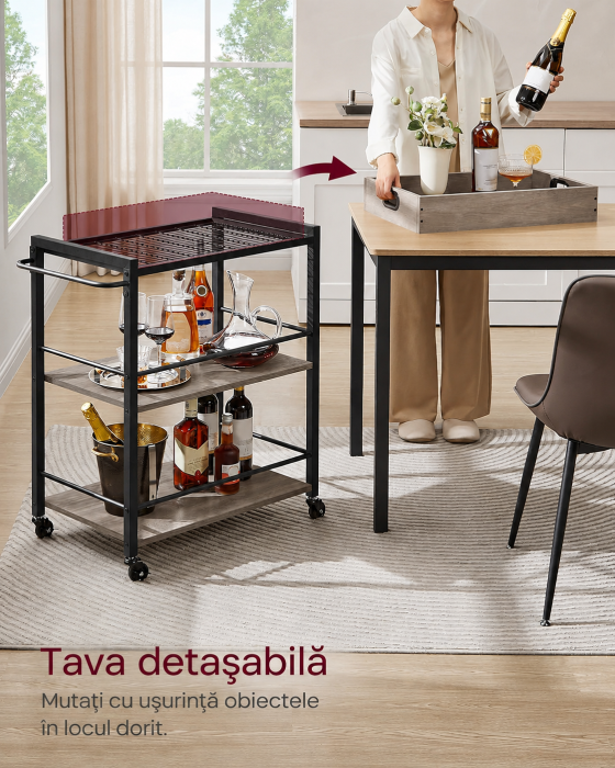 Carucior de servire pe roti pentru bucatarie, 3 polite, tava detasabila, stil industrial, 40x72x86cm, gri stejar [3]