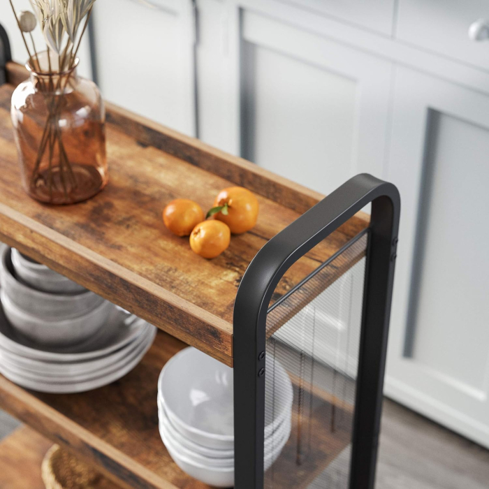 Carucior de servire pe roti pentru bucatarie, cu 3 polite, stil industrial, 26x66x85cm, maro rustic [7]