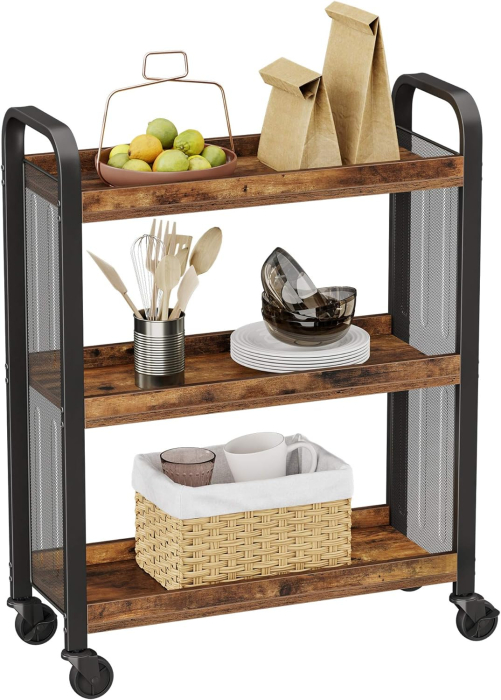 Carucior de servire pe roti pentru bucatarie, cu 3 polite, stil industrial, 26x66x85cm, maro rustic [9]