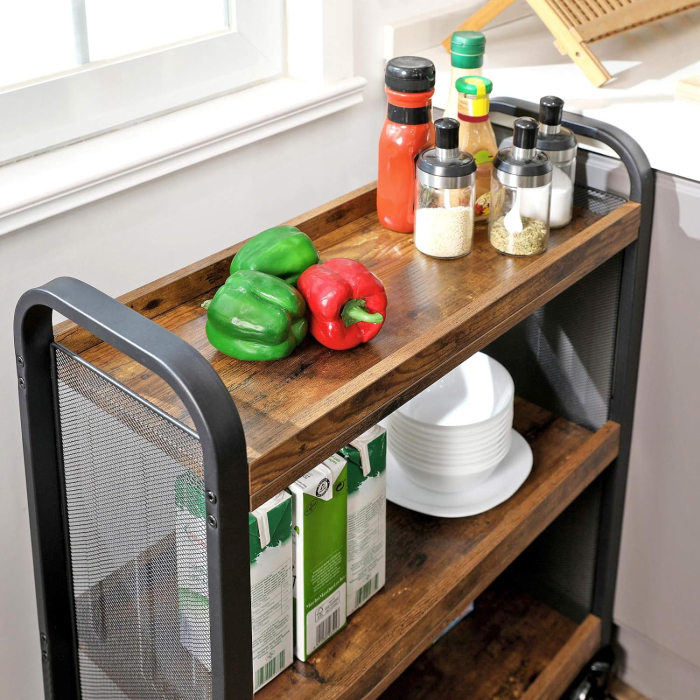 Carucior de servire pe roti pentru bucatarie, cu 3 polite, stil industrial, 26x66x85cm, maro rustic [6]