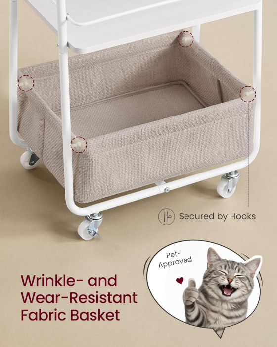 Carucior depozitare cu roti si cos textil, 3 niveluri, PAL si cadru metalic, alb si crem [4]